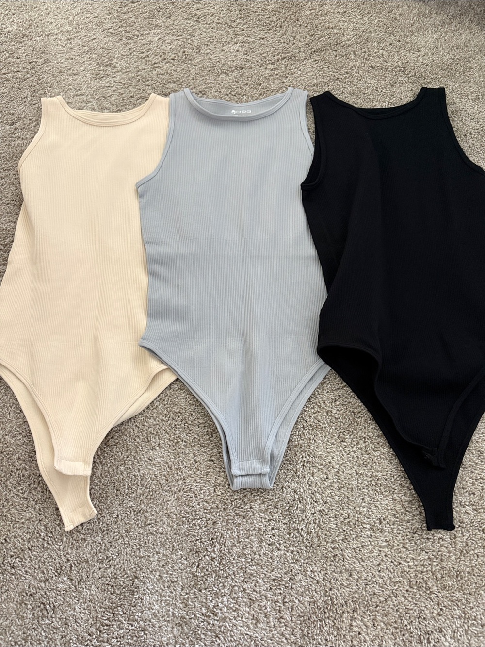 Bundle Women’s Ribbed Tank Bodysuit Set — Cream, Light Blue, Black